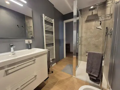 a bathroom with a sink and a glass shower at RosAlpina in Cavalese