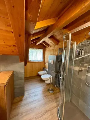 a bathroom with two toilets and a shower at Pragma Apartments - Sky Lodge Bellamonte in Bellamonte