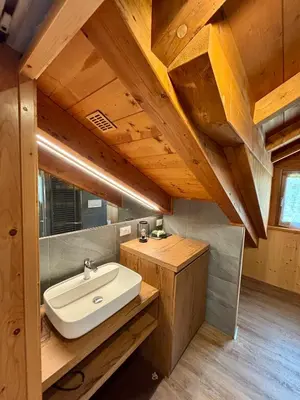 a bathroom with a sink and a wooden ceiling at Pragma Apartments - Sky Lodge Bellamonte in Bellamonte