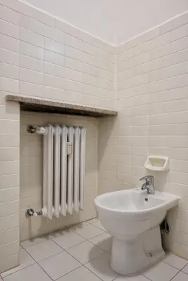 a bathroom with a white toilet and a radiator at Lauben Balcony Bolzano in Bolzano