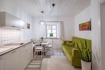 a kitchen and a living room with a green couch at Apartments Palma in Cortaccia
