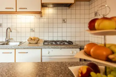 a kitchen with a stove and some fruit on a counter at Ciasa Miriam in La Valle