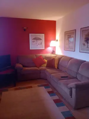 a living room with a couch and a red wall at Casa Lilium in Daiano