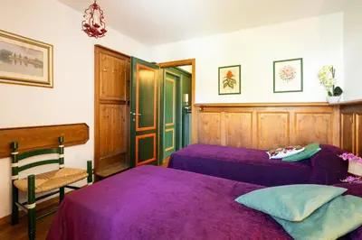 two beds in a room with purple sheets at Ca dei Castori in Cortina dʼAmpezzo