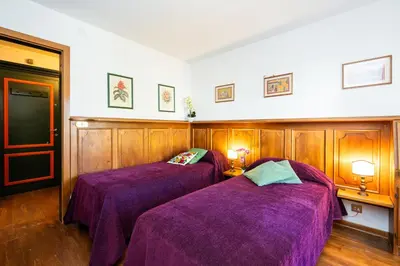 two beds in a room with purple blankets at Ca dei Castori in Cortina dʼAmpezzo