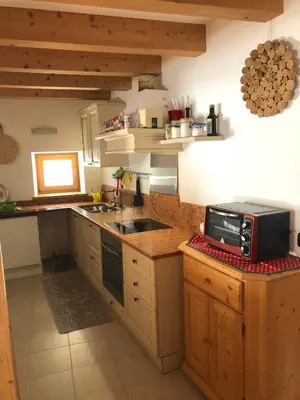 a kitchen with a sink and a microwave on a counter at Ca' Stella in Castello di Fiemme