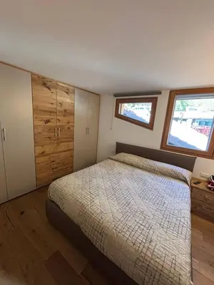 a bedroom with a large bed and two windows at Pragma Apartments - Wood Lodge Predazzo in Predazzo