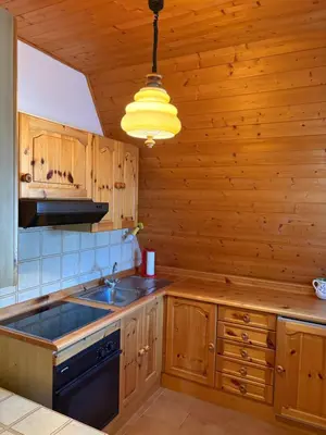 a kitchen with wooden cabinets and a sink at Mansarda Veronza in Castello di Fiemme