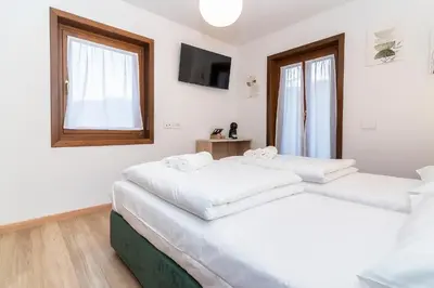 two beds in a room with a window at Larice&Ribes Apartments in San Vito di Cadore