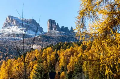 a view of cathedral rock from the forest in the mountains at Cortina - Chalet Pocol 22 in Pocol