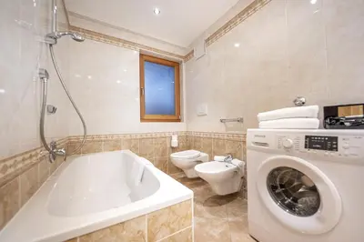 a bathroom with a washing machine and a toilet at Marienstern Apartments in Santa Cristina in Val Gardena
