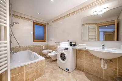 a bathroom with a sink and a washing machine at Marienstern Apartments in Santa Cristina in Val Gardena