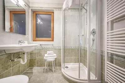 a bathroom with a shower and a sink at Marienstern Apartments in Santa Cristina in Val Gardena
