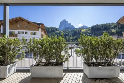 a view from a balcony with trees in pots at Marienstern Apartments in Santa Cristina in Val Gardena