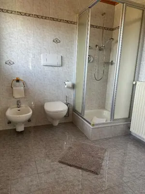 a bathroom with a shower and a toilet and a sink at Grunen Baum - Vöran in Verano