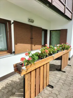a row of flower boxes on the side of a building at Appartamento l'angelo in Predazzo
