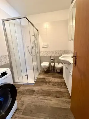a bathroom with a shower and a toilet and a sink at Villa Serena - appartamento a Fiera di Primiero in Tonadico