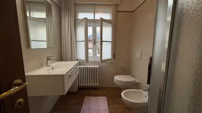 a bathroom with a sink and a toilet and a mirror at Comodo appartamento a San Vito di Cadore in San Vito di Cadore