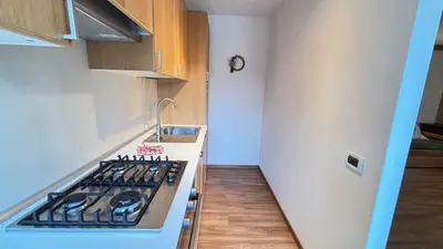a kitchen with a stove top oven in a kitchen at Appartamento panoramico al 2 Piano in San Vito di Cadore