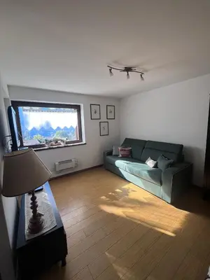 a living room with a green couch and a window at Chez Mati by Sunhome Fiemme in Cavalese