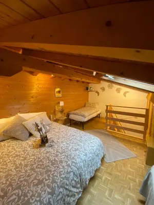 a bedroom with a bed and a wooden wall at Sole & Luna Dolomiti House in Voltago