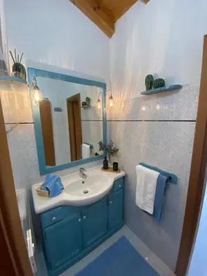 a bathroom with a blue sink and a mirror at Sole & Luna Dolomiti House in Voltago