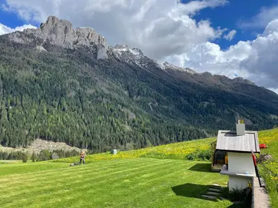 a person in a field with a mountain in the background at Casa Davarda - Appartamento Lusia in Vigo di Fassa
