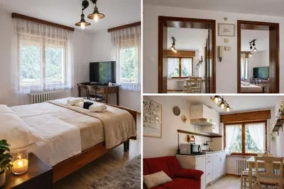 two pictures of a bedroom with a bed and a living room at Casa vacanze Danoi Dolomiti in Canale dʼAgordo