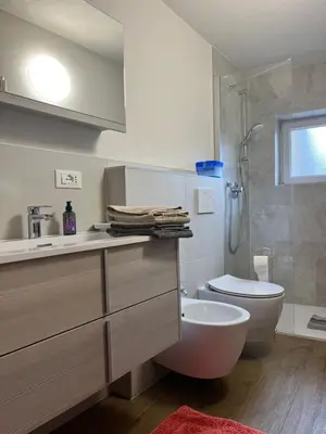 a bathroom with a toilet and a sink and a shower at Casa Angela in Cavalese