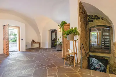 an arched hallway with a fireplace in a house at Maso Via Vecchia in Ora/Auer