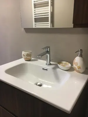 a white sink in a bathroom with a mirror at Appartamento Casa Latemar in Predazzo