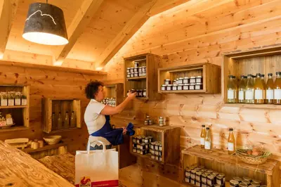 a woman is reaching into a wine cabinet in a wooden room at Großplonerhof in Luson