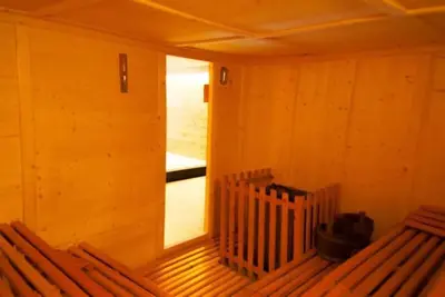 an empty room with wooden walls and wooden benches at Eurotel Cermis in Cavalese