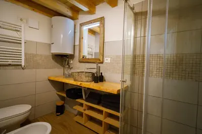 a bathroom with a sink and a toilet and a mirror at Dolomiti Urban Lodge - casa Civetta in Cencenighe
