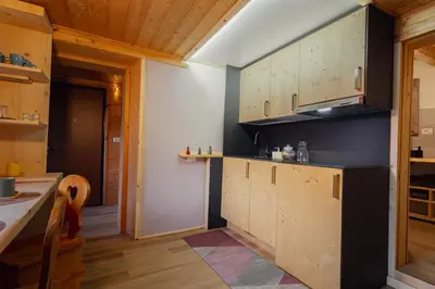 a kitchen with wooden cabinets and a counter top at Dolomiti Urban Lodge - casa Civetta in Cencenighe