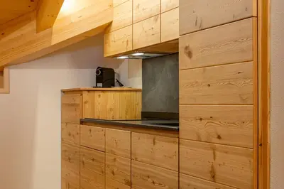 a kitchen with a sink and a counter top at Appartamenti Dolomites Elements in Caprile