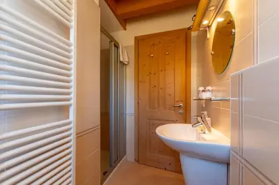 a bathroom with a sink and a mirror and a door at Wonderful appartment Monte Civetta in Dolomites in Alleghe