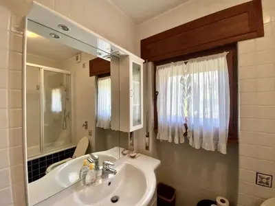 a bathroom with a sink and a mirror at Charming ground floor flat with mountain views in Cortina dʼAmpezzo