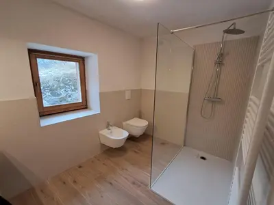 a bathroom with a toilet and a glass shower at La Casa di Elvira-Primo Piano in Alleghe