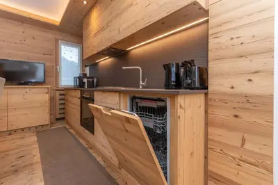 a kitchen with wooden walls and a counter with a dishwasher at Alpine Nest in Rocca Pietore
