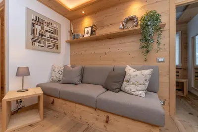 a couch in a room with a wooden wall at Alpine Nest in Rocca Pietore