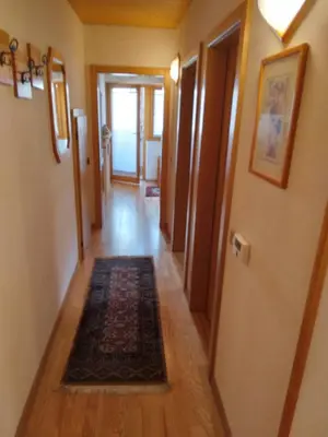 a hallway with a rug on a hard wood floor at L'Antico Fienile - Val di Fiemme in Daiano