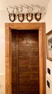 a wooden door with antlers on a wall at Ciasa de Len Cortina in Cortina dʼAmpezzo