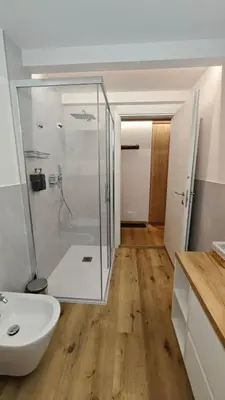 a bathroom with a glass shower and a sink at Il Laricino in Predazzo