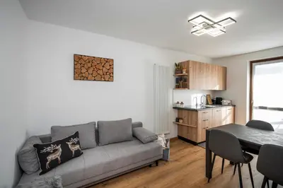 a living room with a couch and a table and a kitchen at Happiness 14 in Castello di Fiemme