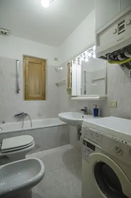 a bathroom with a toilet sink and a washing machine at Cortina da vivere il tuo rifugio a due passi da tutto in Cortina dʼAmpezzo