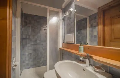 a bathroom with a sink and a toilet and a mirror at La tua coccola a Cortina in Cortina dʼAmpezzo