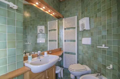 a green tiled bathroom with a sink and a toilet at La tua coccola a Cortina in Cortina dʼAmpezzo