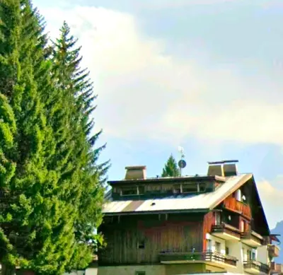 a building with a tree in front of it at Luminoso e centralissimo attico, splendida vista panoramica sulle Dolomiti e sulle piste olimpiche in Cortina dʼAmpezzo