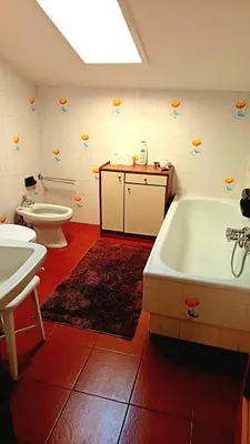 a bathroom with two toilets and a bath tub at Luminoso e centralissimo attico, splendida vista panoramica sulle Dolomiti e sulle piste olimpiche in Cortina dʼAmpezzo